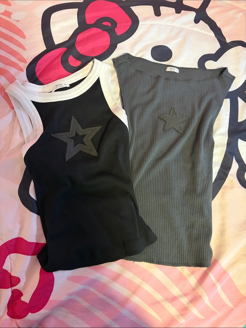 Ardene Ribbed Star Applique Tank Tops - Black & Gray